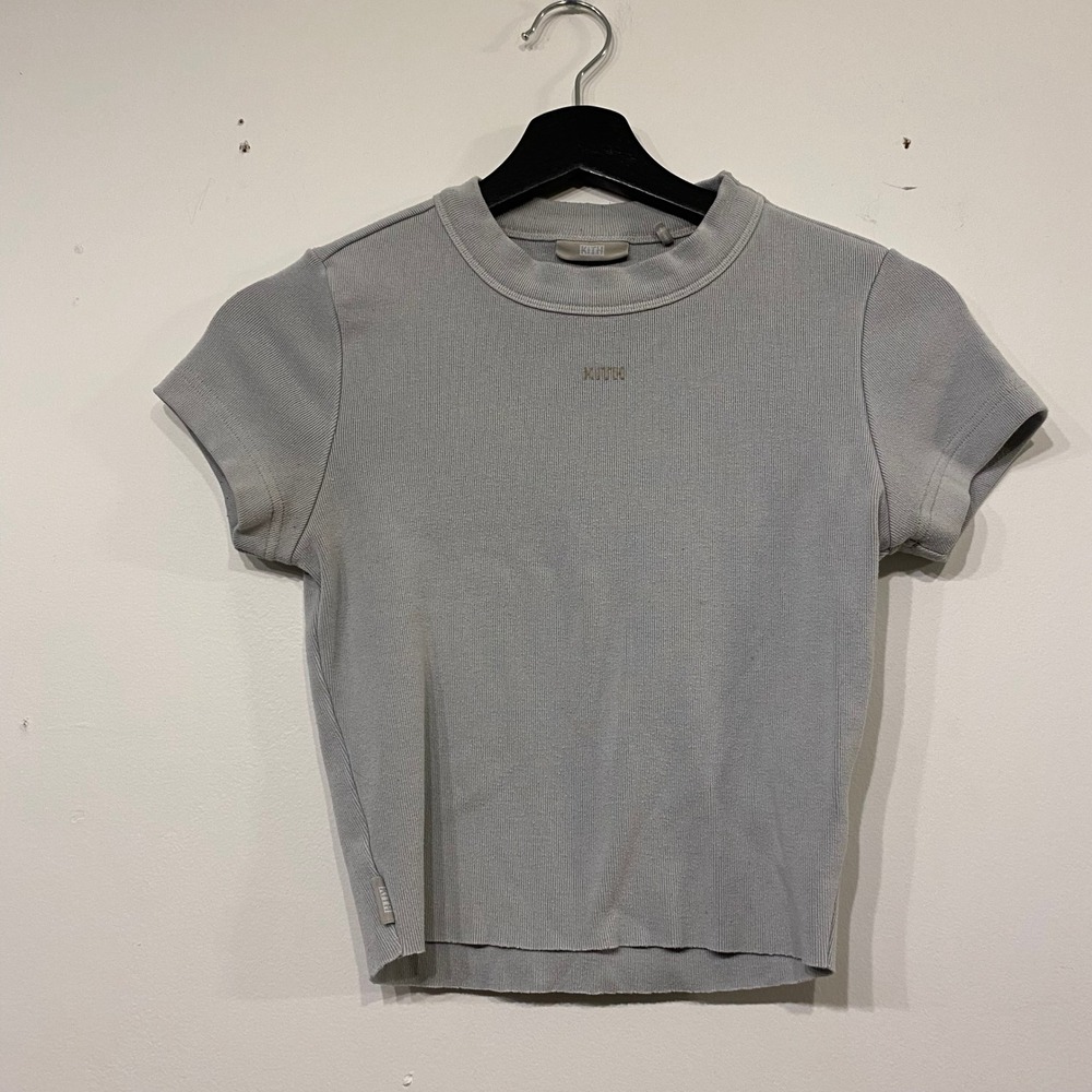 Kith Women Ribbed Mock Neck Short Sleeve Streetwear Crop Top Grey Small
